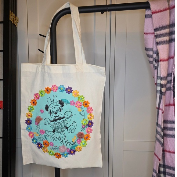 Handbags - Disney Minnie Mouse Upcycled Tote Bag Floral Bicycle Cream Handmade Unique Cute!